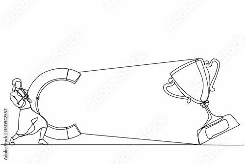 Single continuous line drawing young businesswoman attracting big trophy with huge magnet. Victory sign. Success, achievement, business goals concept. One line draw graphic design vector illustration