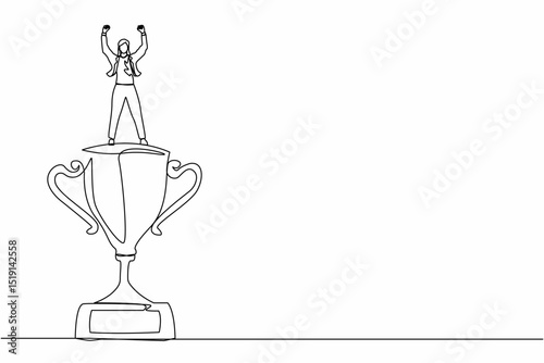 Single one line drawing businesswoman raised hands and standing above trophy. Female celebrating her business award. Business metaphor of success, appreciation. Continuous line design graphic vector