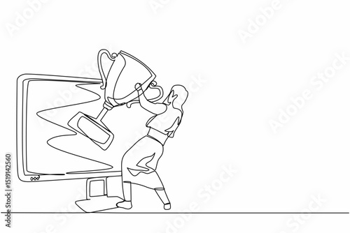 Single one line drawing businesswoman pulls out trophy cup from computer screen. Working on award winning project, freelance job, online work, winner. Continuous line draw design vector illustration
