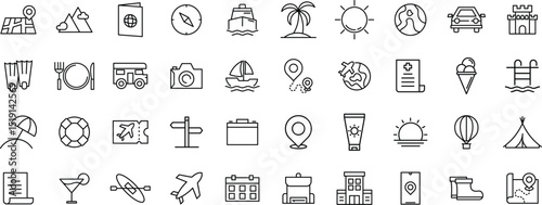 Travel & Summer Icon Set, Vacation and Travel Icons, Summer Holiday Icon Pack, line icon
