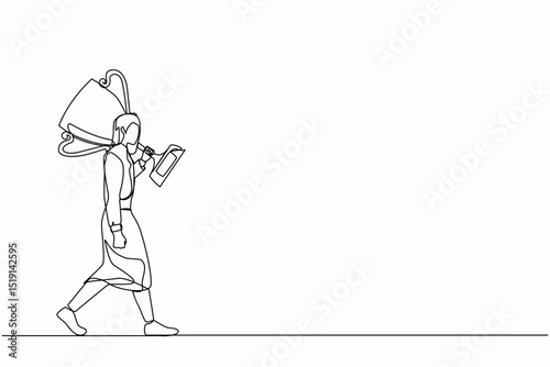 Single one line drawing businesswoman carry big trophy cup for winner as symbol of victory. Business concept of success and competition. Modern continuous line draw design graphic vector illustration