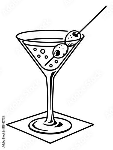 Martini Cocktail Glass with Olives – Black and White Line Art Drink Illustration for Bar and Restaurant Design
