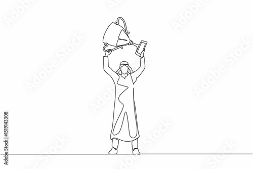 Single one line drawing Arabic businessman standing and lifting trophy. Career goal icon. Victory sign or symbol. Winner pose. Success, goal, achievement concept. Continuous line design graphic vector