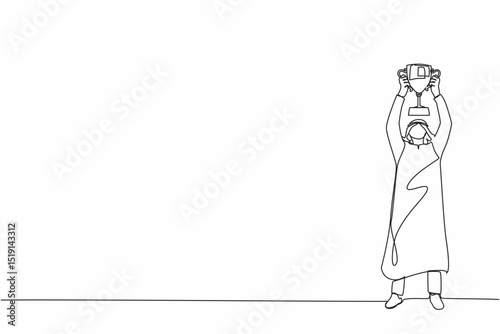 Single continuous line drawing Arabic businessman standing and lifting trophy. Career goal. Victory sign or symbol. Winner pose. Success, goal, achievement concept. One line draw graphic design vector
