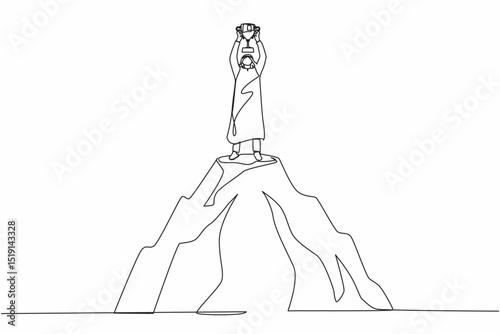 Continuous one line drawing Arabian businessman holding trophy on the top of the high mountain. Success, goal, achievement and challenge concept. Single line draw design vector graphic illustration