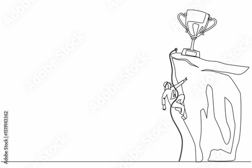 Single one line drawing climber hanging on rope and pulling himself on top of rocky mountain wall to reach trophy. Extreme Arabian businessman climbing on cliff. Continuous line design graphic vector