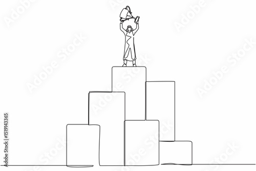 Single continuous line drawing Arabian businessman standing on big graphic bar and lifting trophy. Winner pose. Success, goal, achievement and concept. One line draw graphic design vector illustration