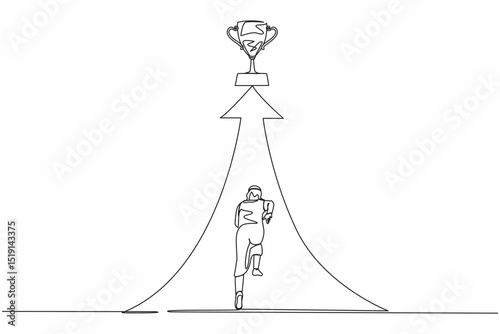 Single continuous line drawing reach for trophy. Arab businessman runs to target. Man working for goal, success, development, ability, victory, motivation. One line graphic design vector illustration
