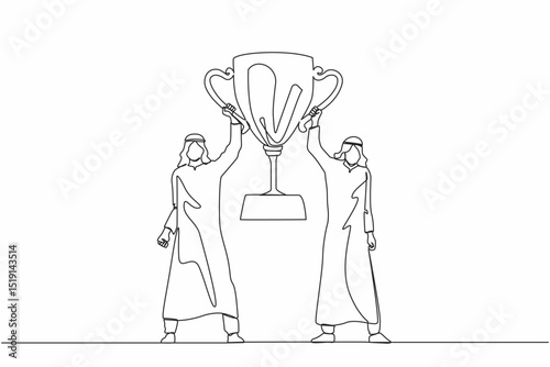 Single one line drawing two men holding golden goblet. Winners celebrating victory. Arabian businessman with prize, trophy cup. Celebration business team success. Continuous line design graphic vector
