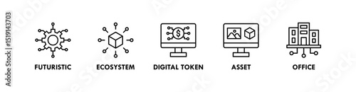 Metaverse banner web icon illustration concept with icon of futuristic, ecosystem, digital token, asset, and office