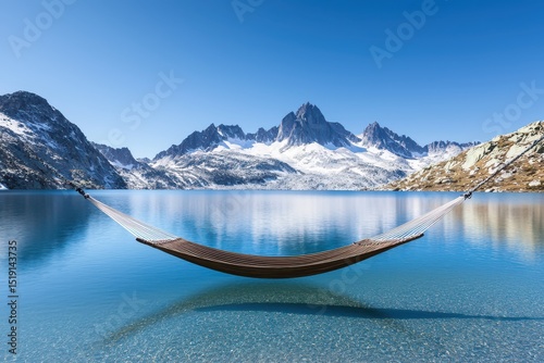 relaxing hammock mountain concept. A tranquil hammock suspended over a serene lake with snow-capped mountains in the background.