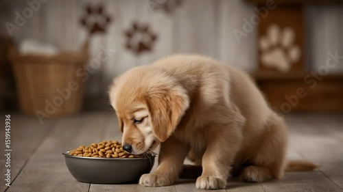 Golden Retriever Puppy Eating: An adorable golden retriever puppy with fluffy fur enjoys a meal from its bowl on a wooden floor. The puppy's focus and enjoyment are heartwarming.