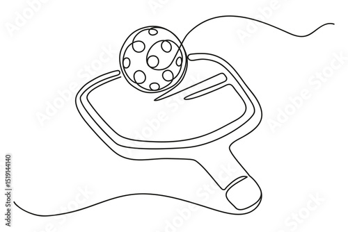 Continuous one line drawing of a pickleball racket with a ball on it. Pickleball racket and ball in one line. Outline vector illustration isolated on white background.