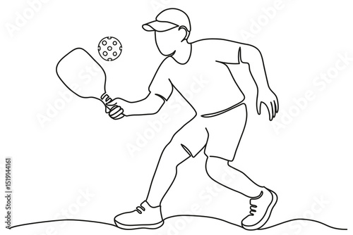 Silhouette of young sporty man playing pickleball in continuous one line drawing isolated on white background. Outline vector illustration.