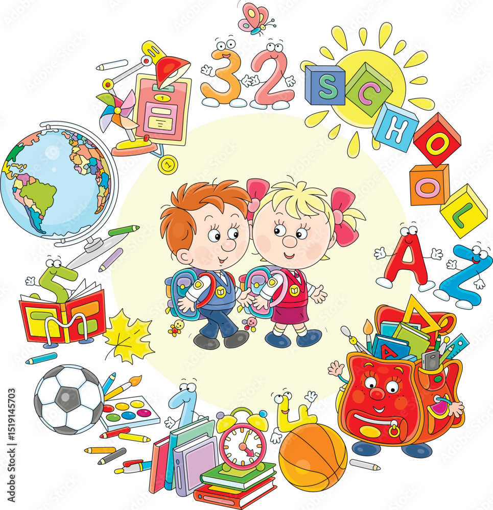 Obraz premium Happy little schoolboy and schoolgirl first graders surrounded by school supplies and funny characters, vector illustration on a white background