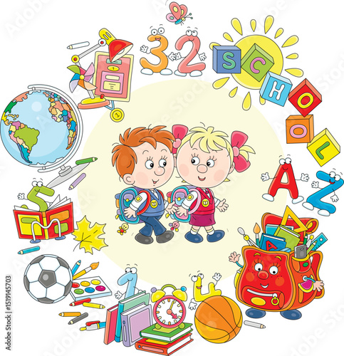 Happy little schoolboy and schoolgirl first graders surrounded by school supplies and funny characters, vector illustration on a white background