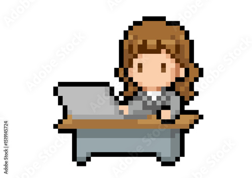 デスクで作業するビジネスウーマンのドット絵