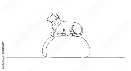Continuous line illustration of a sacrificial ram on a stone altar, minimalist style icon, PNG format – for design projects related to Eid al-Adha Qurban Bayram