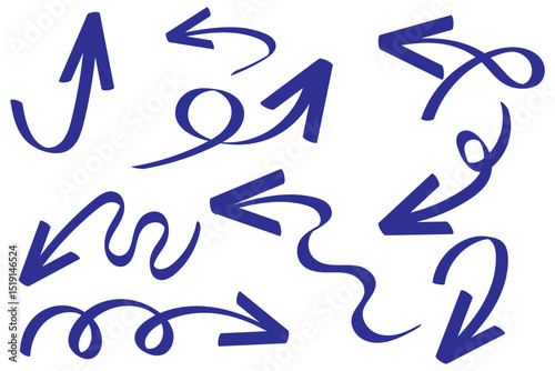 Hand-drawn navy blue arrows collection. Diverse directional elements including curved, wavy, spiral, straight, and zigzag arrows on white background. Perfect for presentations, infographics, flowchart