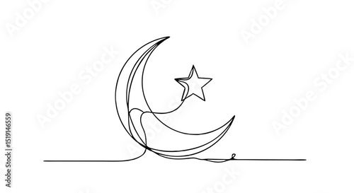Islamic crescent moon and star in a continuous one-line illustration style png