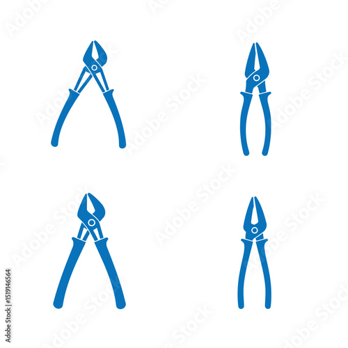 Blue silhouette illustrations of wire cutters pliers for construction and repair projects