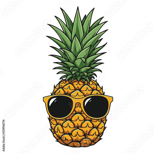 Cartoon illustration of a pineapple wearing sunglasses on a white background depicting a tropical summer vibe