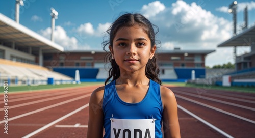 kid child latin girl in track and field stadium background sports concept uniform portrait model photoshoot