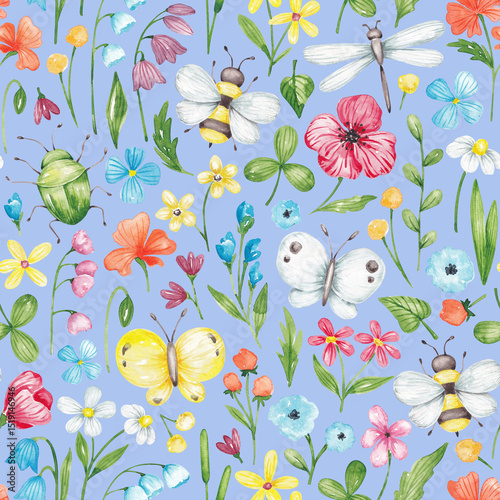 Fototapeta Naklejka Na Ścianę i Meble -  Wild flowers seamless pattern. Bright design with summer meadow flowers and insects. Hand drawn with watercolor. Cute wild flowers repeat print for textile, fabric, clothing, surface, packaging