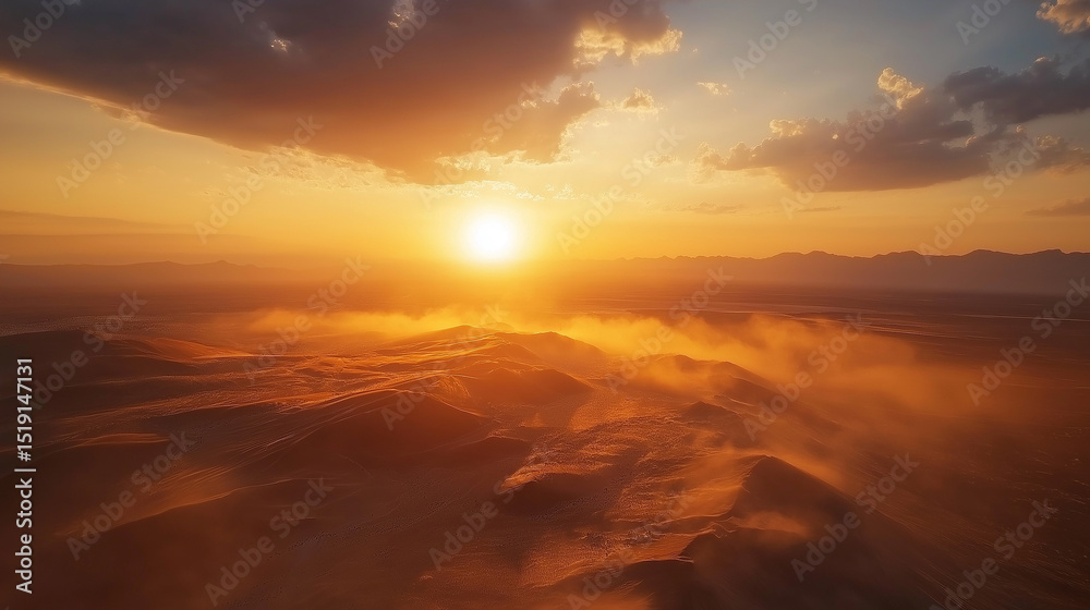 Aerial view of desert sunset, golden sand dunes stretch, the setting sun hangs in the sky, presenting a majestic and grand natural landscape Aerial view of desert sunset, golden sand dunes stretch, the setting sun hangs in the sky, presenting a majestic and grand natural landscape