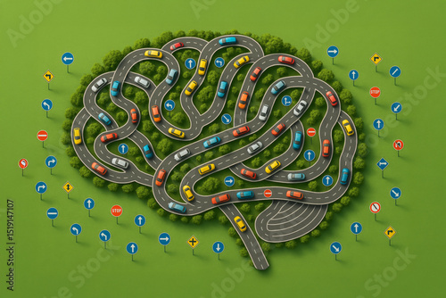 A creative visual representing neurodiversity through a brain-shaped road system with colorful cars
