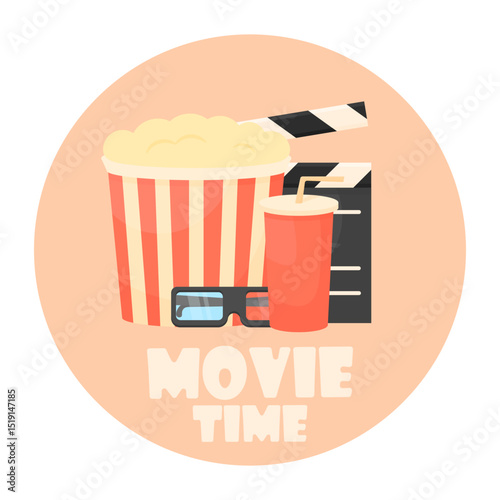 Movie time banner in the form of a circle with popcorn and a drink