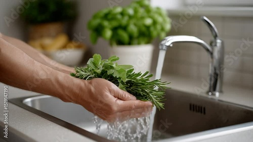 Herb Washing: Gentle hands meticulously cleanse fresh, fragrant herbs under a stream of sparkling water in a modern kitchen setting, symbolizing culinary freshness and natural goodness.