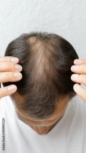 Baldness Concern: A close-up shot revealing the reality of hair loss, emphasizing the top of a person's head as they examine the receding hairline, conveying the concept of aging and health issues.