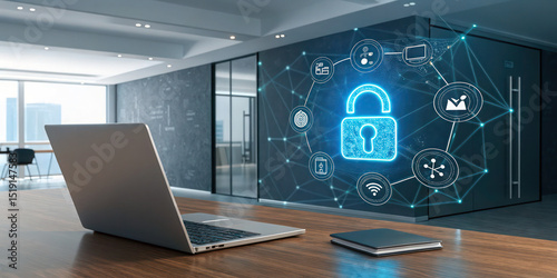 Cyber security concept with laptop and digital padlock for data protection and privacy online safety