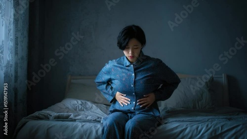 Stomach Ache: A pensive individual, dressed in pajamas, clutches their stomach, illustrating internal distress. A soft, atmospheric lighting scheme enhances the emotional depth of the portrait. 