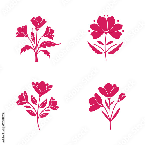 Elegant floral vector illustrations of four different flower arrangements in a minimalist style