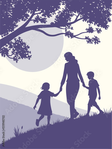 Caring Mother and Two Children Silhouette Walking Uphill, Holding Hands Under a Tree