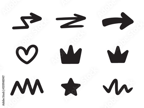 a set of nine simple, hand-drawn shapes in black on a white background.