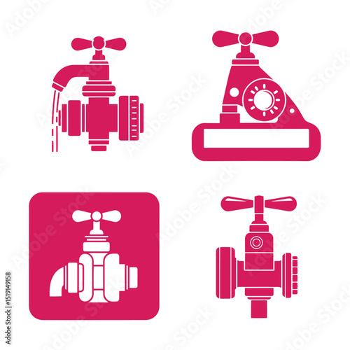 Set of decorative pink iconographic water taps depicting plumbing and water supply concepts