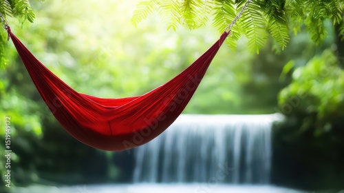 relaxing hammock waterfall concept. A serene hammock hangs near a tranquil waterfall amidst lush greenery.