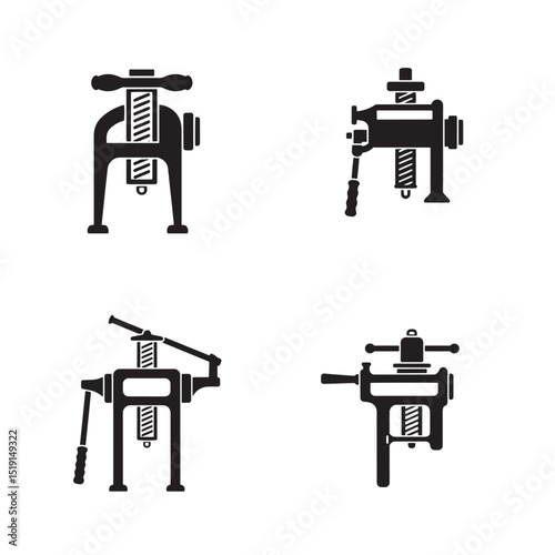 Set of four black and white bench vise illustrations representing construction and carpentry tools