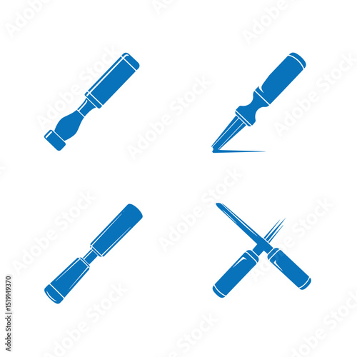 Set of four blue chisels illustrated in vector style for carpentry and woodworking projects