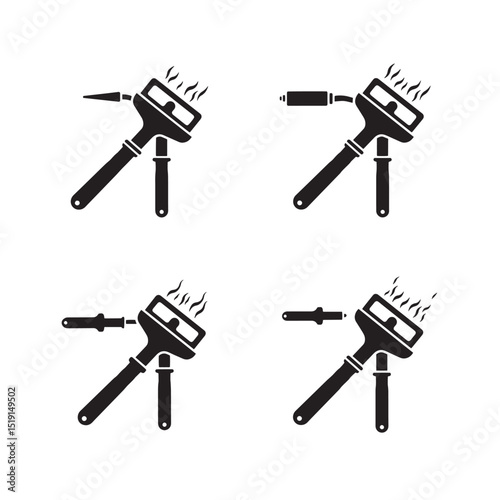 Set of four silhouette illustrations of a soldering iron tool and welding elements
