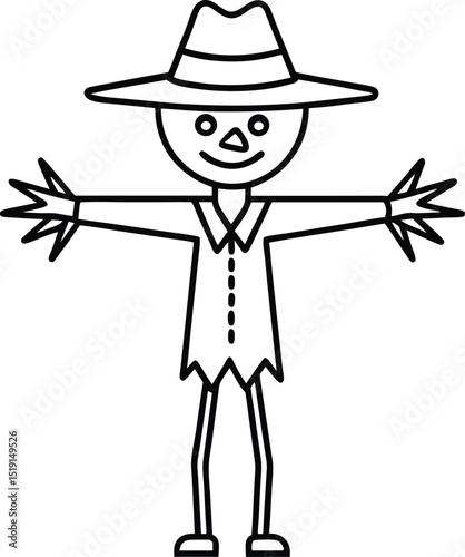 Scarecrow Outline Drawing – Farm Harvest Character Line Art Vector Illustration