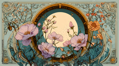 calendar art with seasonal themes | natural divinity | sacred femininity | pale lavender and copper | ornamental hierarchy | wildflowers | floral halo framing | color gradation fill | aestheticism in