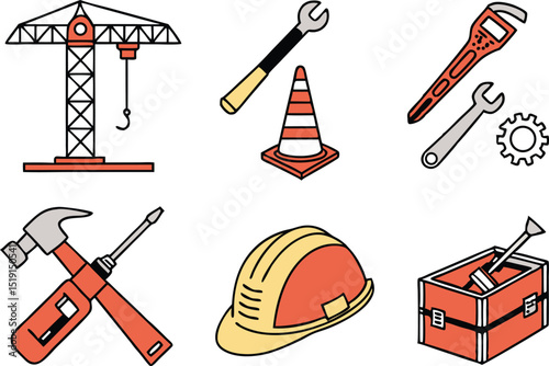 Colorful Construction and Tools Icons Illustration Set. Building and Repair Tools Icons in Colorful Style. Construction Equipment and Tools Icons Illustrations