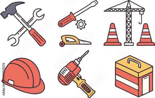 Colorful Construction and Tools Icons Illustration Set. Building and Repair Tools Icons in Colorful Style. Construction Equipment and Tools Icons Illustrations