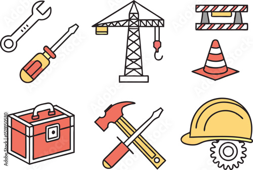 Colorful Construction and Tools Icons Illustration Set. Building and Repair Tools Icons in Colorful Style. Construction Equipment and Tools Icons Illustrations