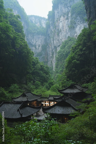 Three Natural Bridges with antique tavern in fog surround with green mountain with cold weather at Chongqing, China