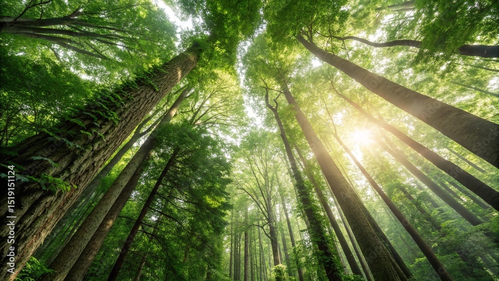 Naklejka premium Sunlit Canopy Natures Lush Embrace Beneath Towering Forest Giants